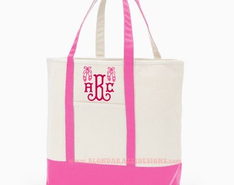 Dance Tote Bag with Embroidered Ballet Slippers and Personalized Monogram Initials - pink and other colors available