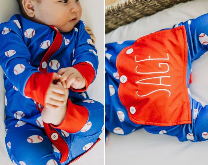 Baby Boys Baseball Buttflap Pajamas - Baby Infant sizes Newborn 3M 6M 9M - red white and blue with personalized name
