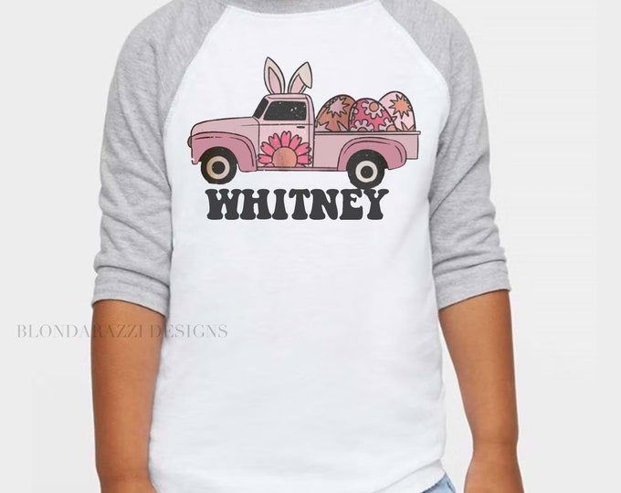 Girls Easter Shirt with personalized name and pink retro truck with eggs in the back groovy boho style graphic