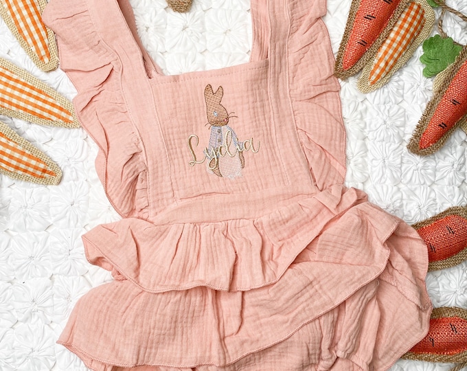 Easter Bunny Baby Girl Ruffle Romper Outfit with Personalized Embroidered Name