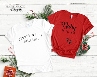 Christmas Pregnancy Announcement Shirts - Jingle Bells Baby On The Way matching for mom and dad