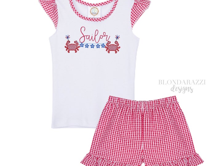 Girls 4th of July Shirt and Shorts Outfit with ruffles personalized embroidered name red white blue american design with crabs and stars