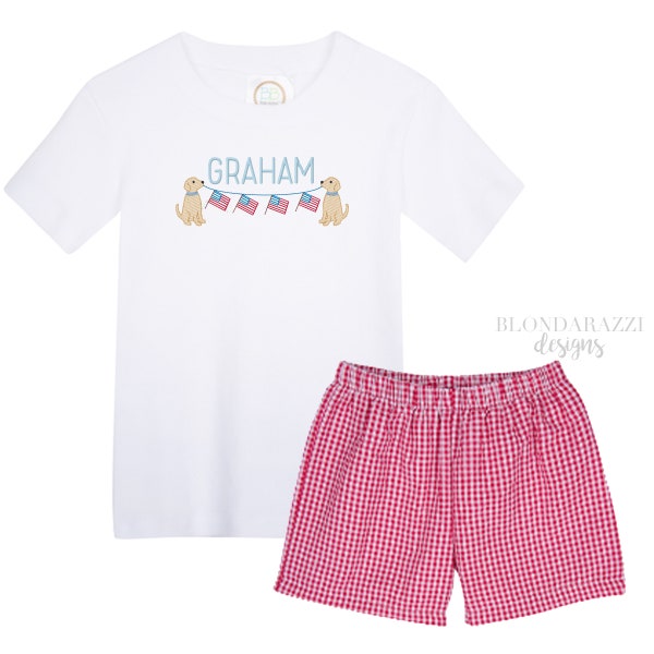 Boys 4th of July Shirt and Shorts Outfit - Red Gingham Shorts Personalized Embroidered name Cute dog design with american flag banner