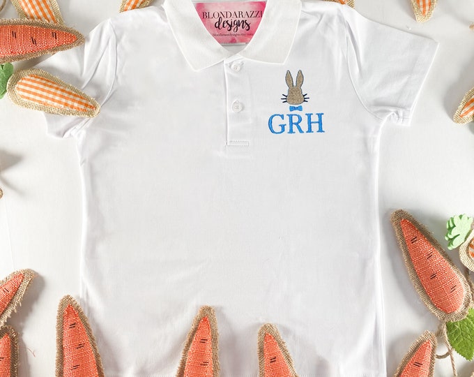 Boys Easter Polo Shirt with embroidered monogram initials and Bunny rabbit head with bowtie design