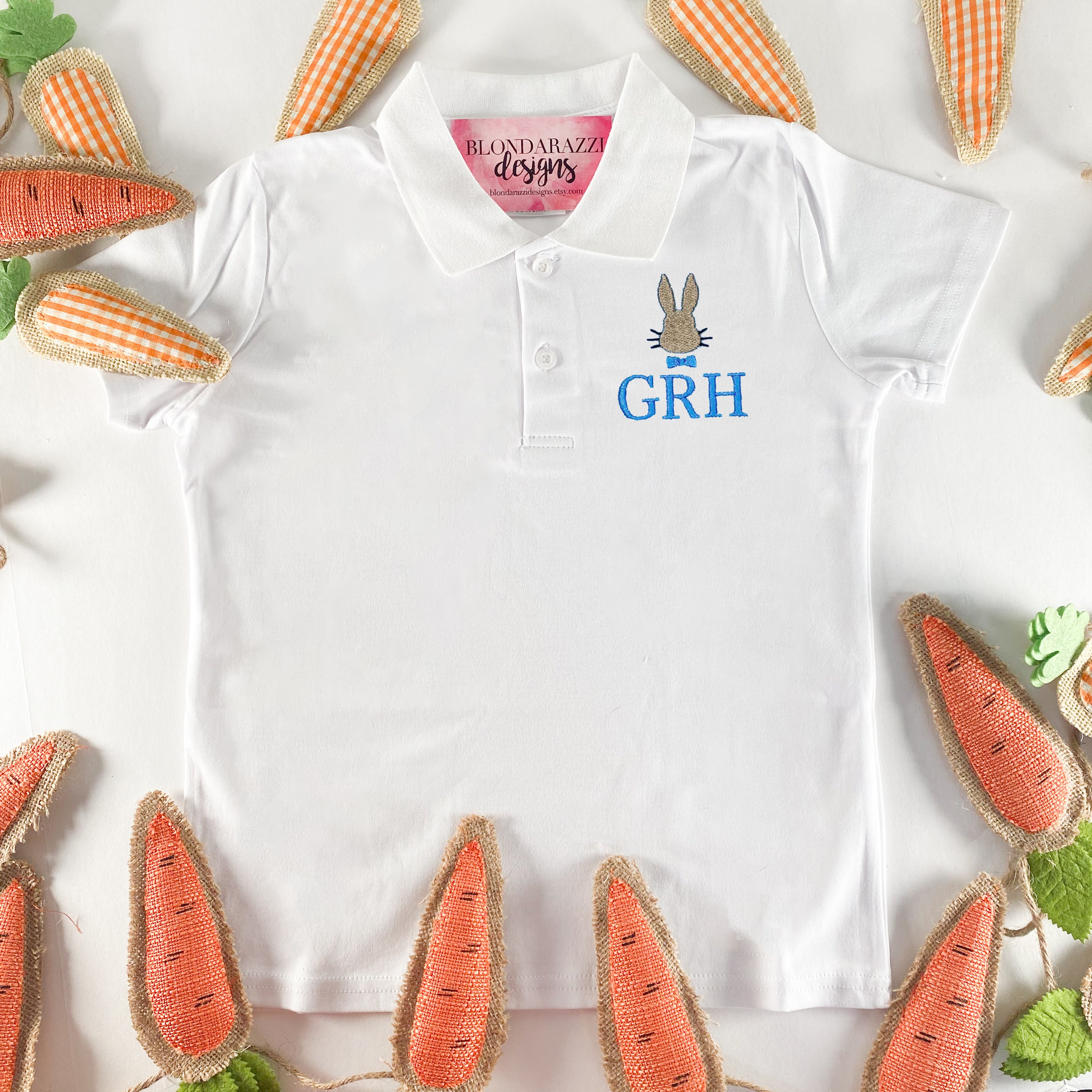 Boys Easter Polo Shirt with embroidered monogram initials and Bunny rabbit head with bowtie design