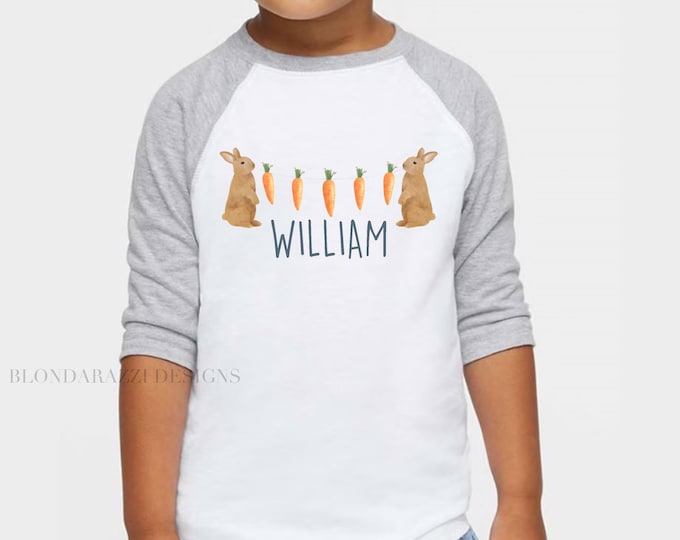 Personalized Easter Shirt for Boys or Girls - Bunnies holding a line of carrots with personalized name printed underneath - Raglan tshirt