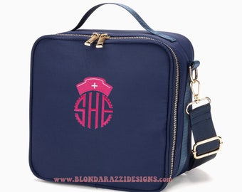 Lunch box for Nurse Embroidered Personalized Monogram with Nurses Hat- For Women Ladies Teens pink mint navy black available