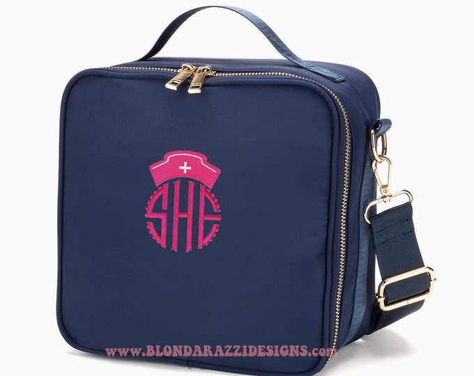 Lunch box for Nurse Embroidered Personalized Monogram with Nurses Hat- For Women Ladies Teens pink mint navy black available