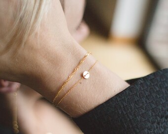 Tiny Circle Minimalist Gold Disc Bracelet with Very Fine Gold Mesh Chain