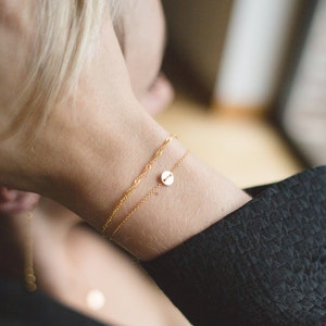 Tiny Circle Minimalist Gold Disc Bracelet with Very Fine Gold Mesh Chain