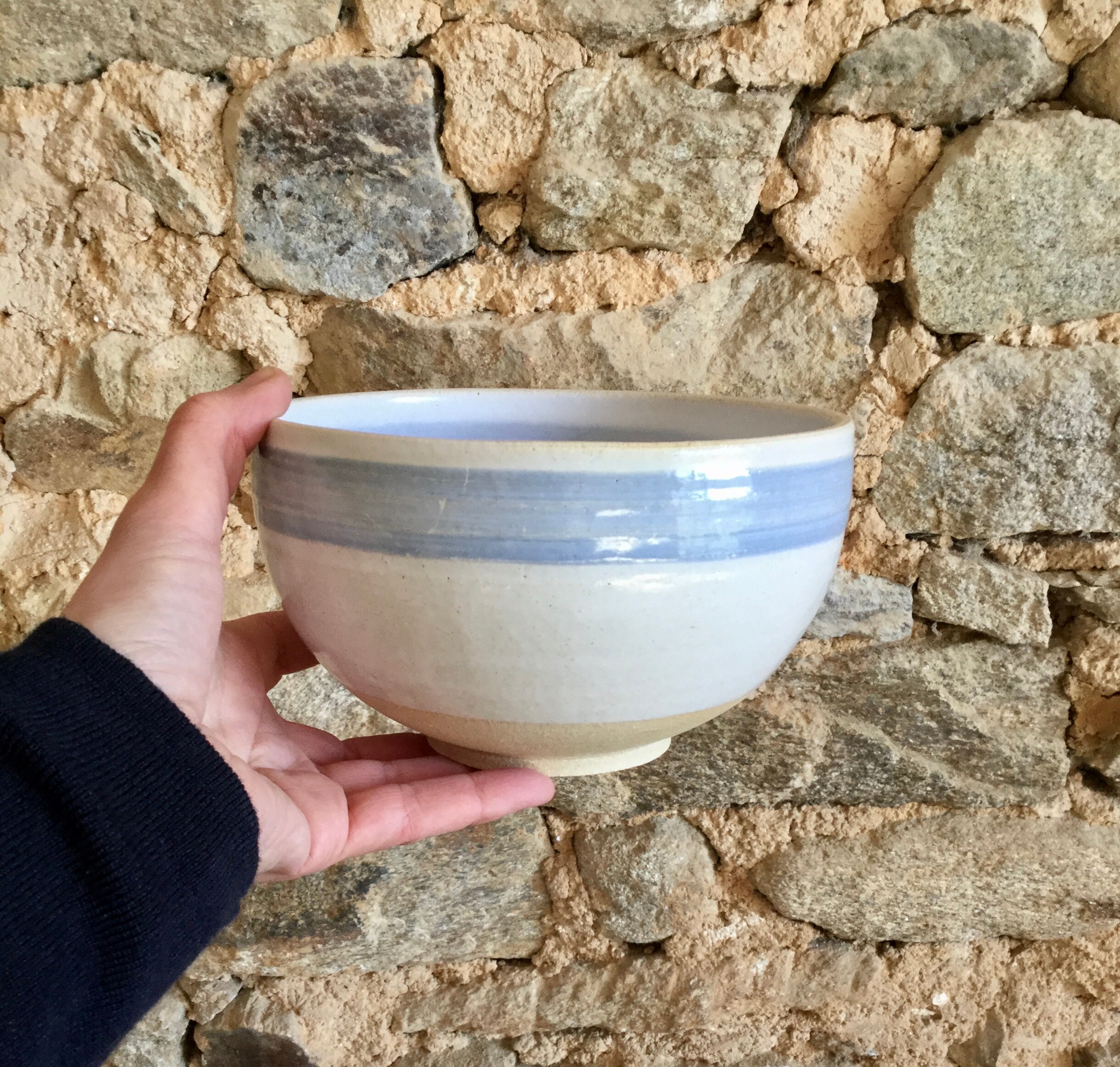 Bol en Céramique Ø 16.5cm X 10cm. Grand Bol à Ramen, Soupes, Pâtes, Salades, Blanc avec Décor Bleu-G