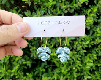 Small green polymer clay monstera leaf hoops