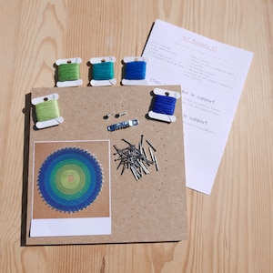 String art kit, diy christmas gift, 5 circle thread mandala kit, Blue - green, stretched threads. Creative gift, child gift, child kit, adult kit