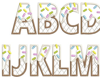 Applique ice cream FONT Alphabet letters in assorted sizes Ice-cream cone kids name monogram machine embroidery designs kids party birthday