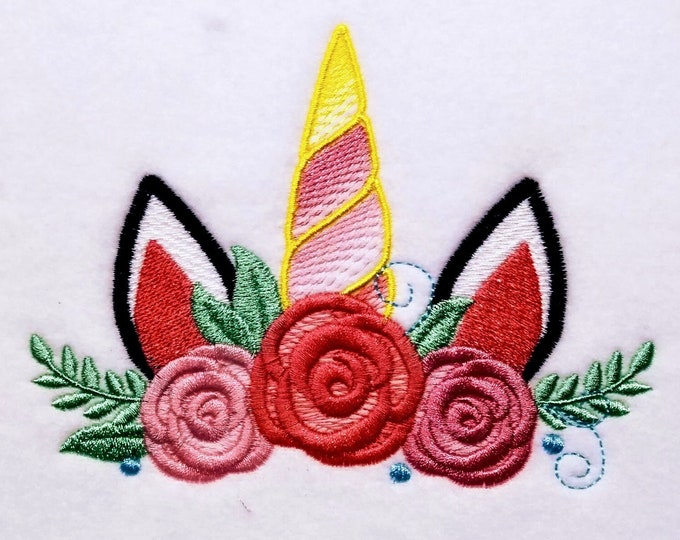 Magic unicorn Roses face head horn floral rose flower crown shabby chick bouquet rainbow unicorn machine embroidery designs, assorted sizes
