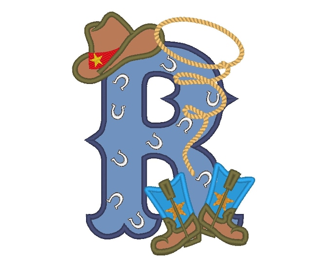 Farm farmer Cowboy rodeo lasso boots and hat applique letter with bandanna motif, letter R, machine embroidery applique design 5x7