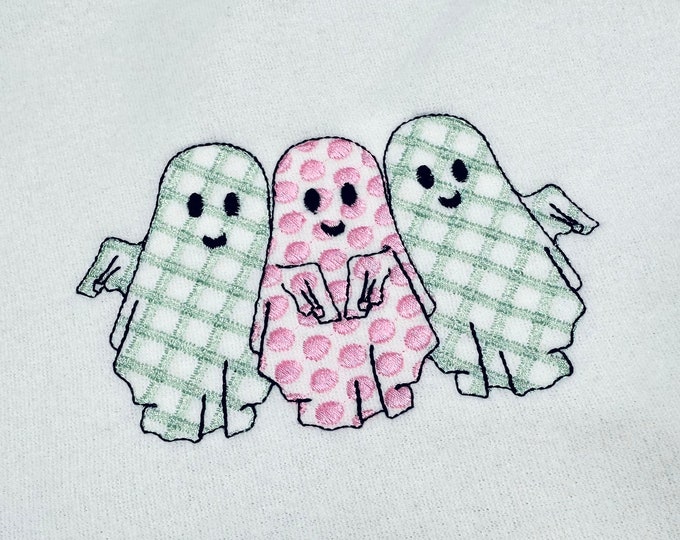 Trio Ghosts light stitch Machine Embroidery Design Ghost with gingham checks and polka dot Halloween Cute pretty Ghost friends kids design