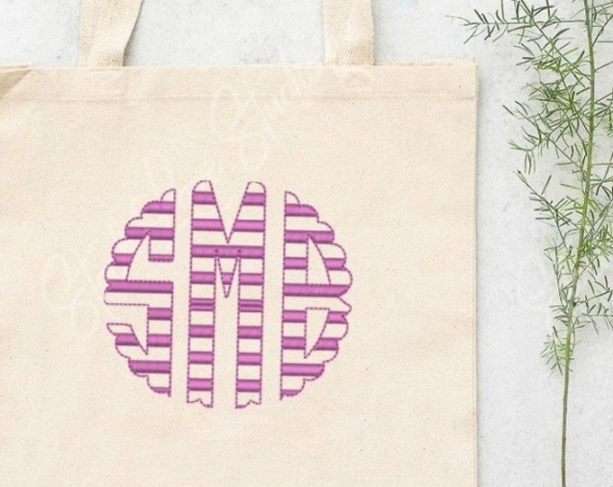 Scalloped Circle Monogram Striped FONT machine embroidery designs, classic three letter round monogram letters in many sizes, BX included