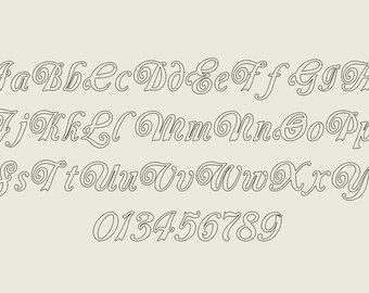 Princess Raggy, raggedy outline font, Bean stitch outline, simple triple stitch line, cursive font machine embroidery font, assorted sizes