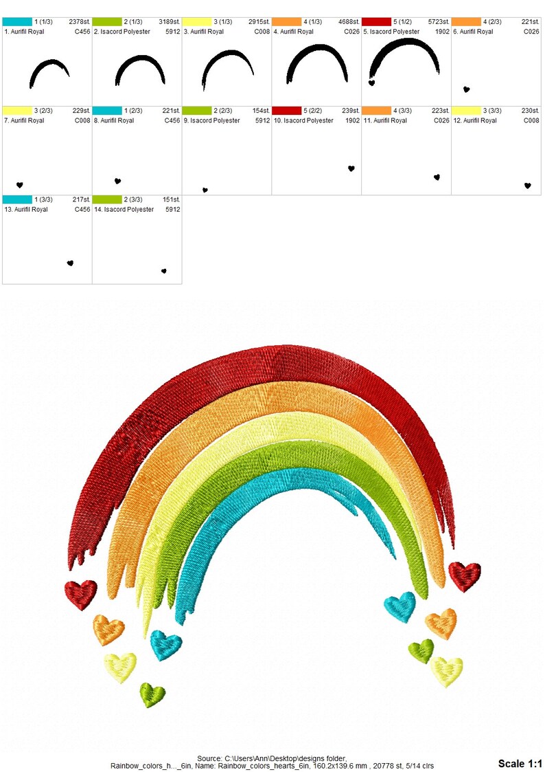 Regenbogen Pinsel Zeichnung fallende Herzen Liebe Regenbogen Füllstich Maschinenstickerei Designs in den Größen 11, 13, 19, 18, 21, 22, 25, 25 und 25 cm Bild 2