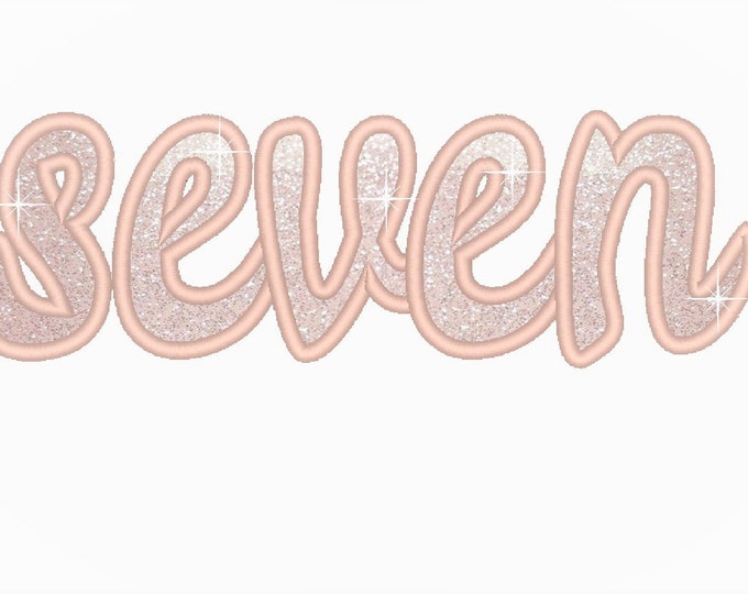Written Seven Birthday number seven 7 applique machine embroidery designs in assorted sizes, word number seven kids Seventh birthday party