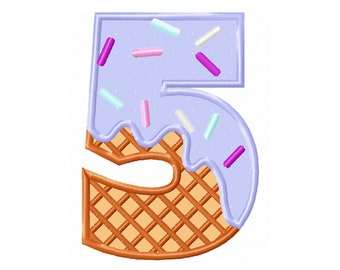 Ice-cream waffle cone Birthday Number 5 FIVE Applique machine embroidery designs in assorted sizes kids birthday fifth my 5th party monogram