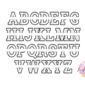 May include: Black and white alphabet font with a decorative pattern. Each letter is outlined in black and has a white interior with a patterned design.