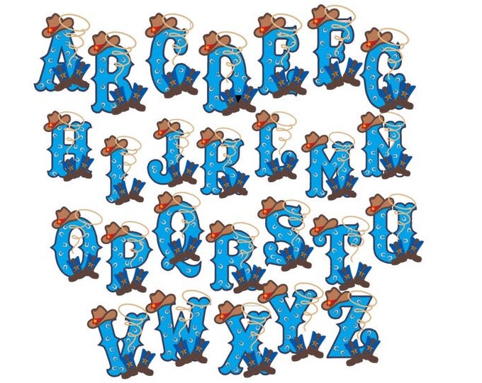 Cowboy Kicking boots and hat entire boy initial FONT monogram alphabet machine embroidery applique designs for hoop 5x7 farmer farm boy kids