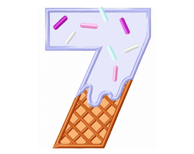 Ice cream waffle cone Birthday Number 7 SEVEN Applique machine embroidery designs in assorted sizes kids birthday seventh 7th party monogram