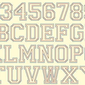 May include: A set of uppercase letters and numbers in a bold, blocky font style. The letters and numbers are outlined in red and blue, with a white interior.