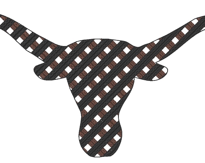 Long horn Cow  skull embossed terry towel and usual gingham buffalo cow skull silhouette machine embroidery design in many sizes up to 10in