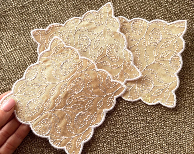 Napkin with floral pattern ornament, doily coaster ITH in the hoop machine embroidery designs in assorted sizes earth nature home kitchen