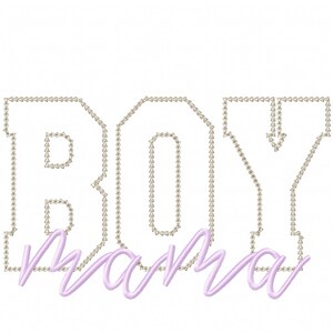 May include: Embroidered design of the word "BOY" in a large, bold font with a smaller, cursive "mama" underneath. The design is stitched in a light grey thread on a white background.