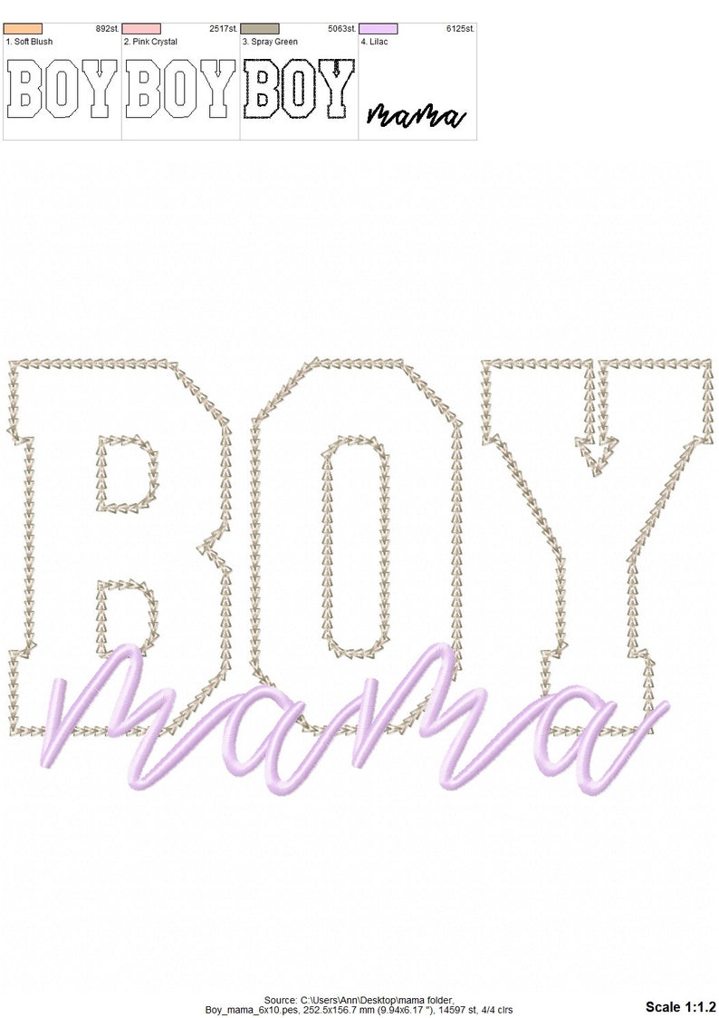 May include: Embroidered design of the word "BOY" in a large, bold font with a smaller, cursive "mama" underneath. The design is stitched in a light grey thread on a white background.