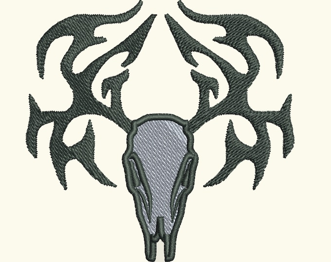 Buck deer skull silhouette tattoo style machine embroidery designs, assorted sizes, fill stitch (.pes .hus .dst .vp3 .vip .xxx .exp .jef)