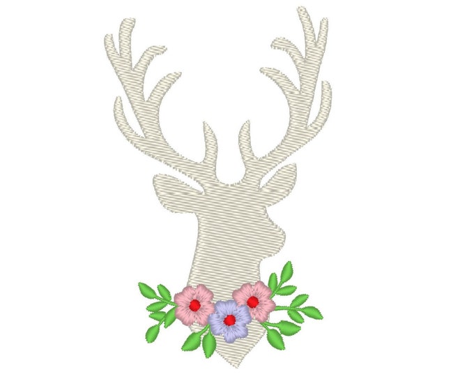 Buck deer flowers silhouette embroidery designs, many mini sizes (.pes .hus .dst .vp3 .vip .xxx .exp .jef) embroidery fill stitch embroidery