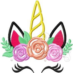 May include: A unicorn face embroidery design with a yellow spiral horn, pink, peach, and purple flowers, green leaves, and black eyelashes.