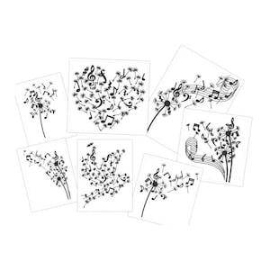 Música, amor, corazón, pluma, diente de león, paloma y notas. Juego de 7 tipos de diseños de bordado a máquina en tamaños surtidos. Notas florales para niños amantes de la música.