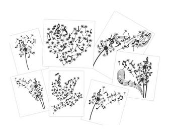 Música, amor, corazón, pluma, diente de león, paloma y notas. Juego de 7 tipos de diseños de bordado a máquina en tamaños surtidos. Notas florales para niños amantes de la música.