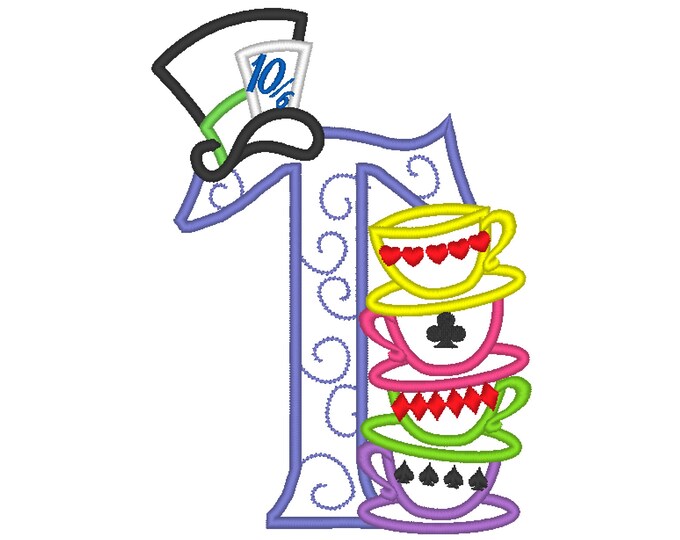 Mad hattaer Alice in wonderland teaparty stack of curved teacups monogram letter T Birthday party applique alphabet machine embroidery