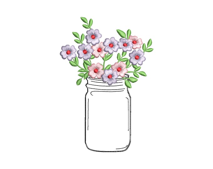 Mason Jar with Flowers floral jar silhouette outline machine embroidery designs assorted sizes summer flower bouquet girls farm design