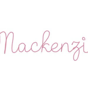 May include: The name "Mackenzie" in a delicate, cursive font, rendered in a soft pink color. The letters are formed by small, round beads, creating a textured, elegant appearance against a clean white background. Ideal for personalized items.