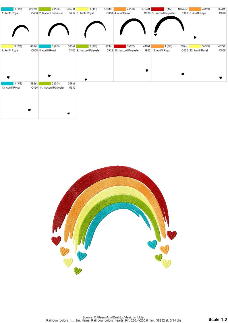 Regenboogborstel tekening vallende harten liefde Rainbow vulsteek machine borduurontwerpen in de maten 4, 5, 6, 7, 8, 9, 10, 11 inch kinderen meisje afbeelding 6