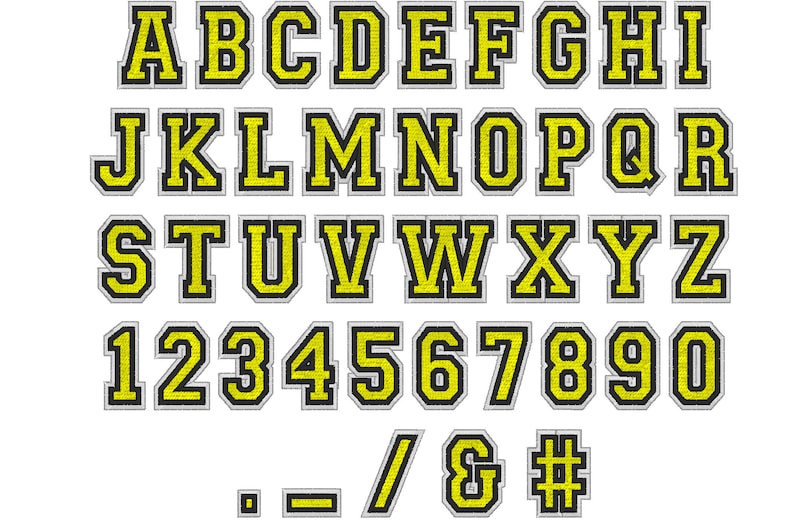 Puede incluir: Un conjunto de letras may&uacute;sculas, n&uacute;meros y s&iacute;mbolos amarillos y negros con un contorno gris. Las letras est&aacute;n en una fuente en negrita y de bloque. Los n&uacute;meros y s&iacute;mbolos est&aacute;n en una fuente similar.