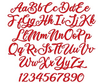 Könnte beinhalten: Rotes Alphabet in kursiver Schrift mit Großbuchstaben, Kleinbuchstaben und den Zahlen 1 bis 0.