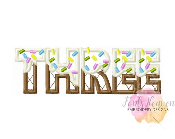 THREE Ice Cream cone Birthday Number three 3 applique machine embroidery designs in assorted sizes, word number two kids baby birthday party