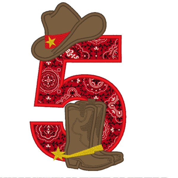 Farm famer Cowboy rodeo cowboy boots and hat applique number 5 machine embroidery applique designs 5x7 5, 6 and 7 inches