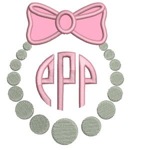 String of Pearls & Bow monogram frame, bow applique pearl fill stitch machine embroidery designs in assorted sizes, pretty girl girly circle
