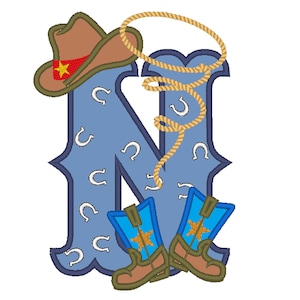 Botas y sombrero de vaquero, rodeo, granjero, lazo, aplique de letra con motivo de pañuelo, letra N, diseño de aplique bordado a máquina 5x7