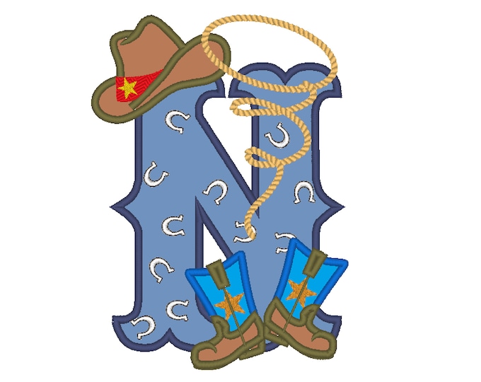 Farm farmer Cowboy rodeo lasso boots and hat applique letter with bandanna motif, letter N, machine embroidery applique design 5x7